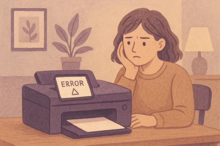 Person stressed looking at broken printer with error message