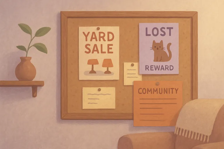 Community bulletin board with colorful flyers for yard sale and lost pet