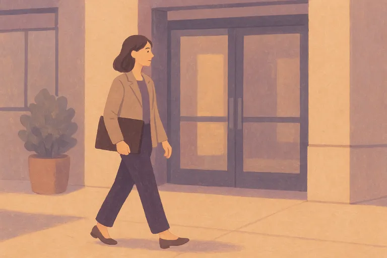 Professional carrying portfolio folder walking into office building