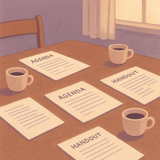 Meeting table with printed agendas and handouts neatly arranged