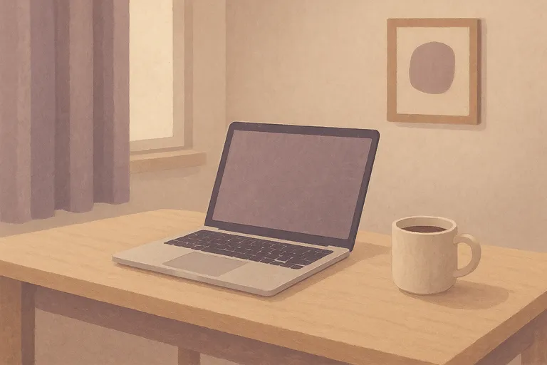Minimalist desk with laptop and coffee, no printer in sight