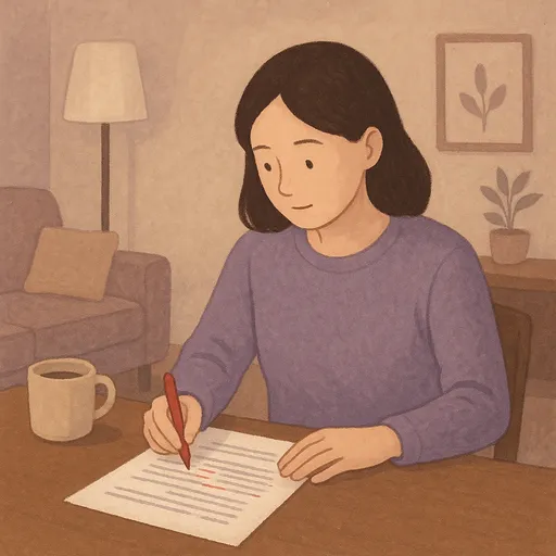 Person reviewing printed document with red pen marking corrections