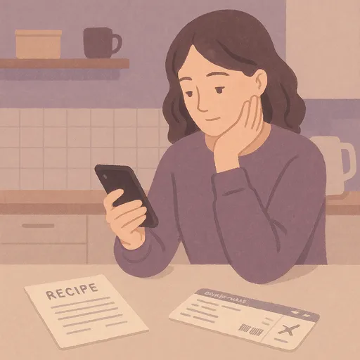 Person looking at phone with printed recipe card and boarding pass on table