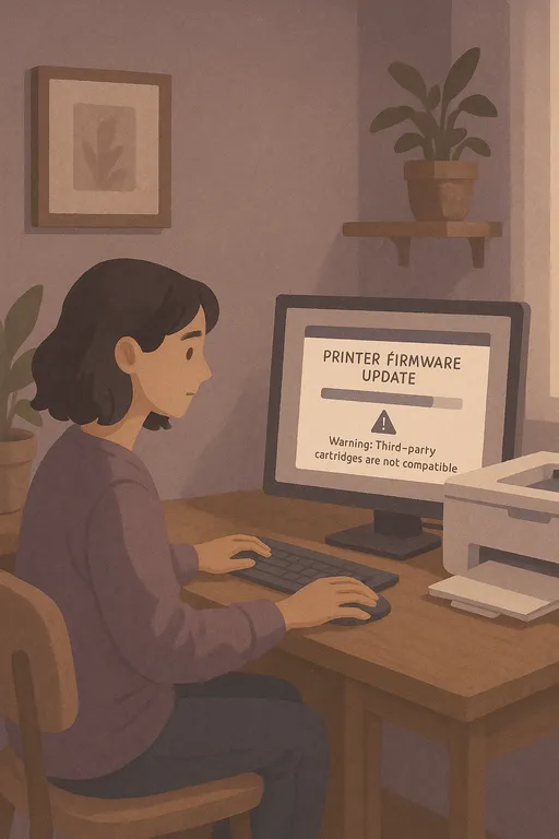 Computer screen showing printer firmware update with warning about third-party cartridges