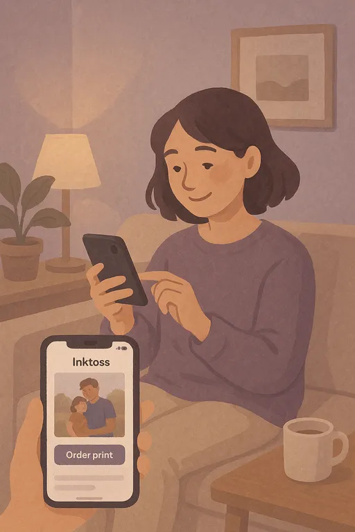 Person using smartphone to easily submit a print order on the Inktoss app