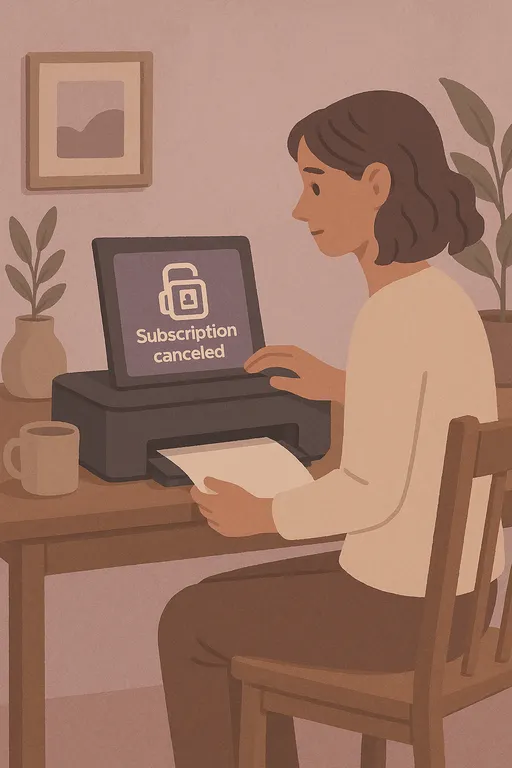 Printer screen showing locked ink cartridge icon with subscription cancellation message