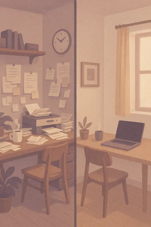 Comparison showing cluttered home office with printer vs. clean desk with just a laptop using Inktoss