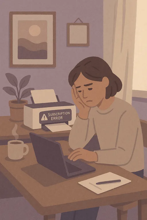 Frustrated person at desk with printer displaying subscription error message