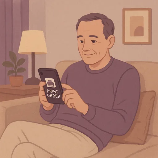 Easy online printing from home Middle-aged white man on couch using phone to submit print order easily