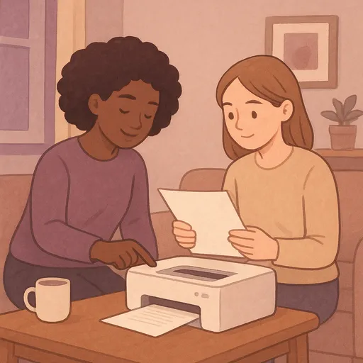 Friends helping with printing Two friends of different ethnicities at home, one helping the other print documents