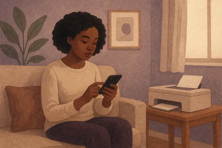 Considering your printing options Black woman looking at phone considering printing options