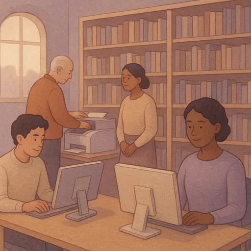Library printing services Friendly library interior with diverse people at computer stations and printer