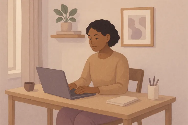 Clean printer-free workspace Minimalist workspace without a printer, clean and organized desk with person of color working