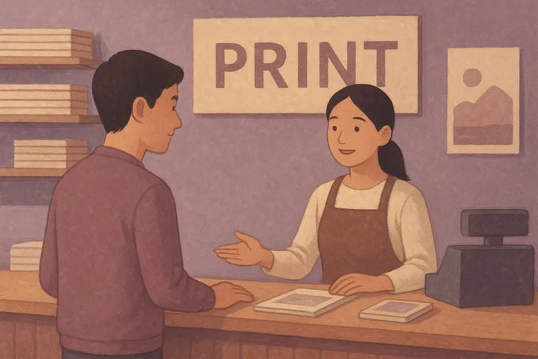 Professional print shop service Asian man at professional print shop counter with helpful staff member