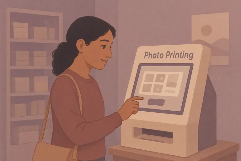 Retail store printing kiosk Latina woman at retail store photo printing kiosk with touchscreen