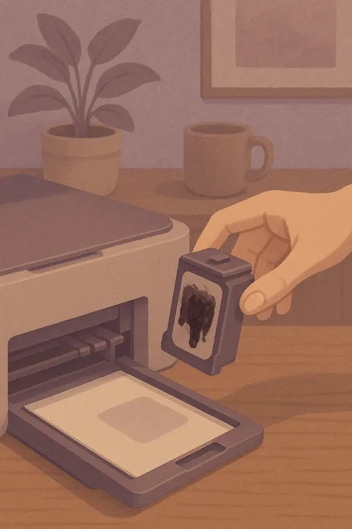 Close-up of dried ink cartridge being removed from printer