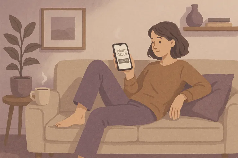 Person easily submitting print order from phone on couch