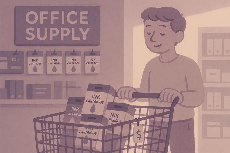 Shopping cart filled with expensive ink cartridges at store