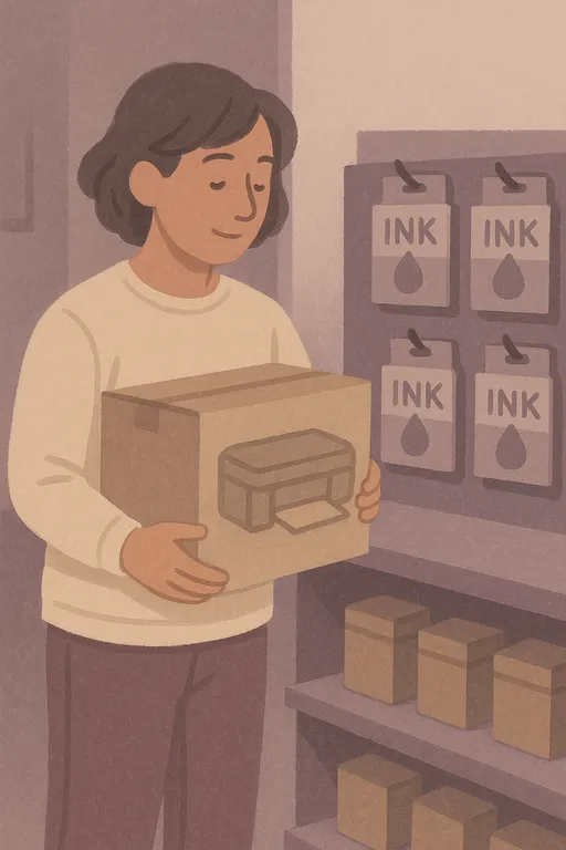 Person holding printer box next to expensive ink cartridges on store shelf