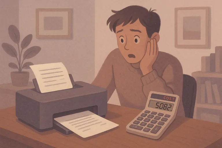 Person looking shocked at printer with calculator showing high costs