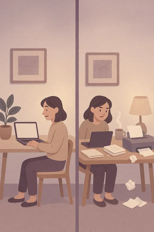 Comparison of cluttered desk with printer problems vs clean desk with laptop