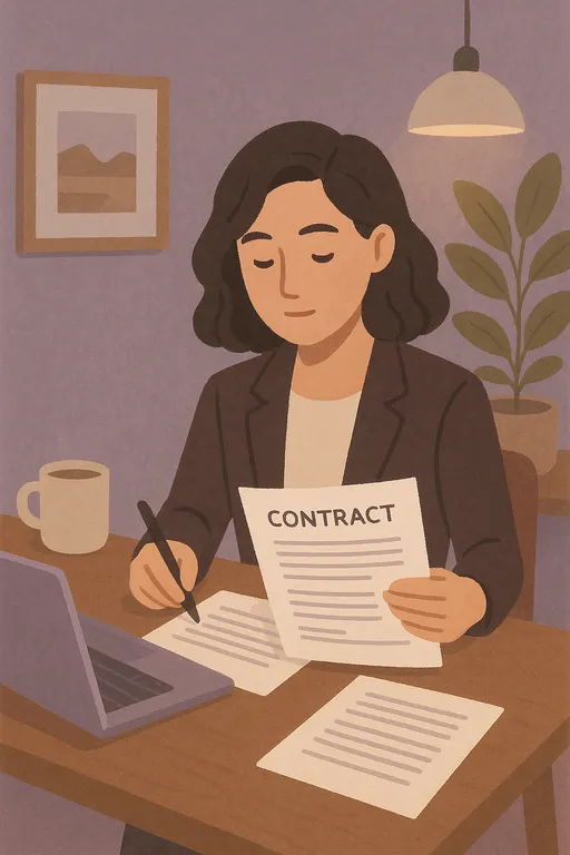 Business professional reviewing printed contract documents at a desk