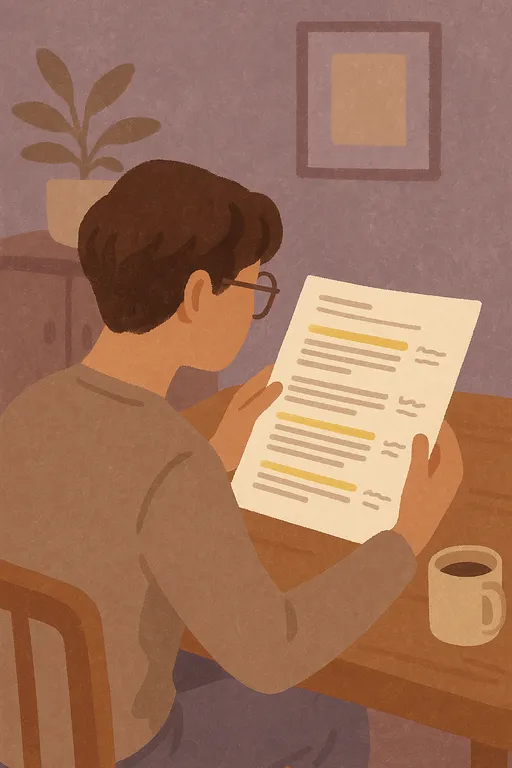 Person reading printed documents with highlighted sections and notes in margins