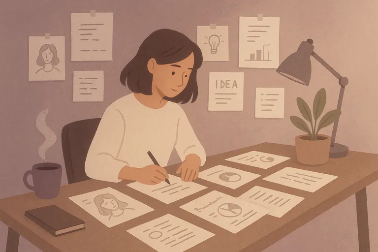 Creative workspace with printed sketches and brainstorming notes scattered across a desk