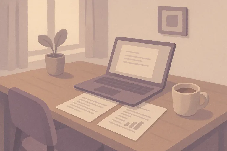 Cozy home office desk with printed documents and a cup of coffee