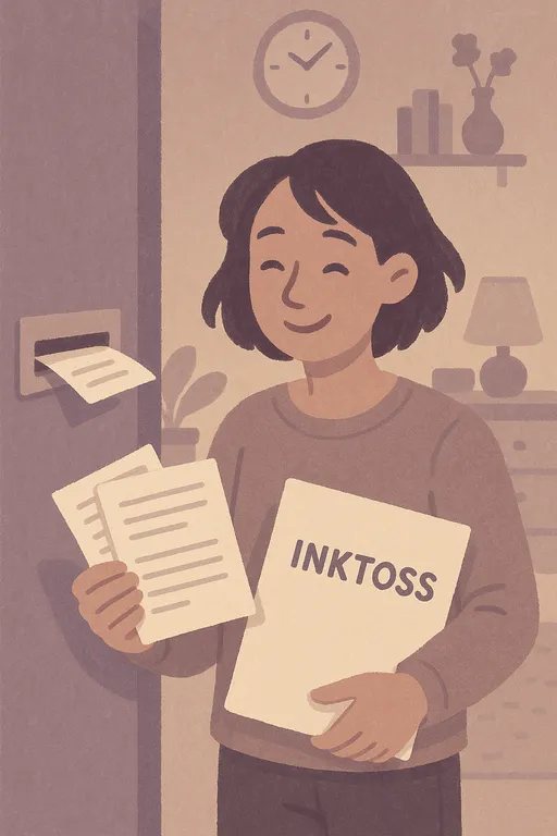 Person happily receiving printed documents in the mail from Inktoss