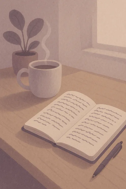 Journal with handwritten entries and a pen on a peaceful desk