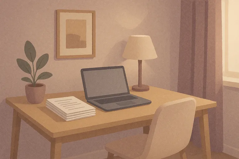 Modern minimalist desk with a small stack of important printed documents beside a laptop